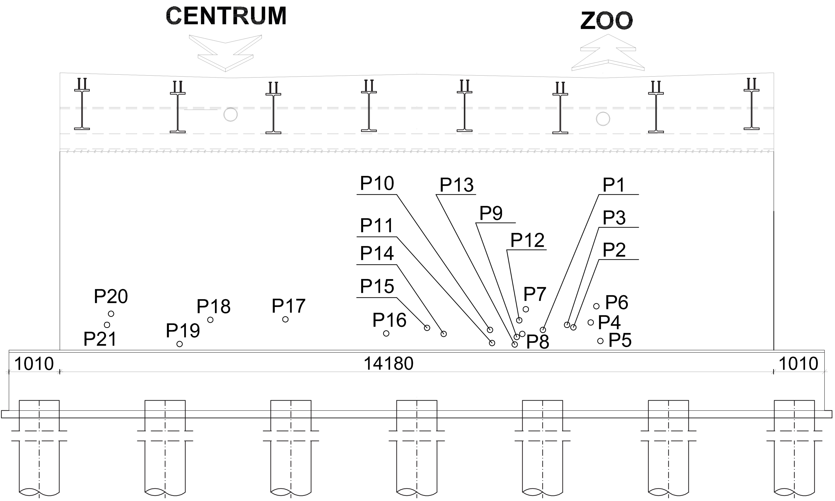 Schemat rozmieszczenia punktów pomiarowych na przyczółku od strony ZOO.
